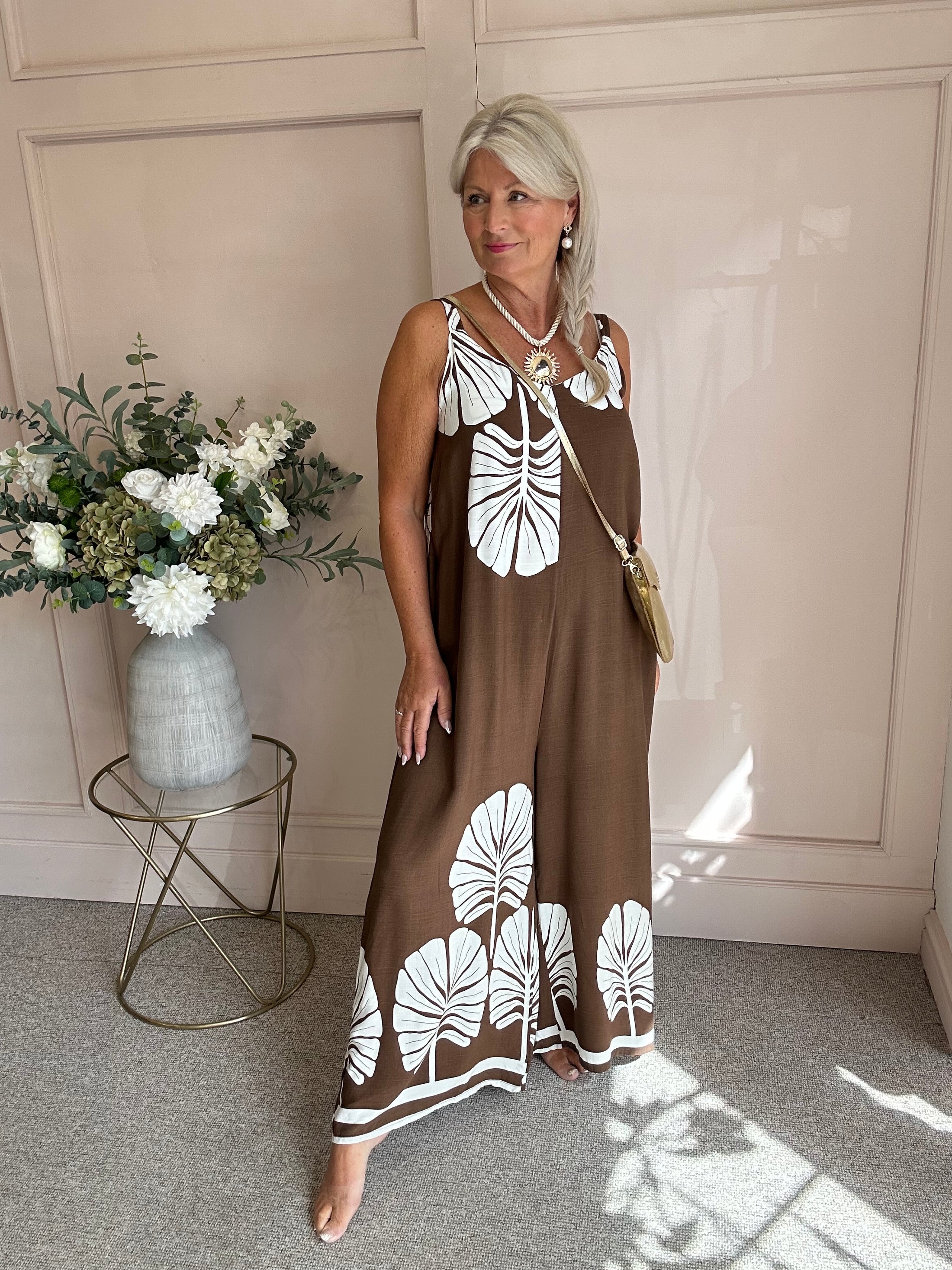 Palm Leaf Jumpsuit - Brown/Cream - Wardrobe By Simone