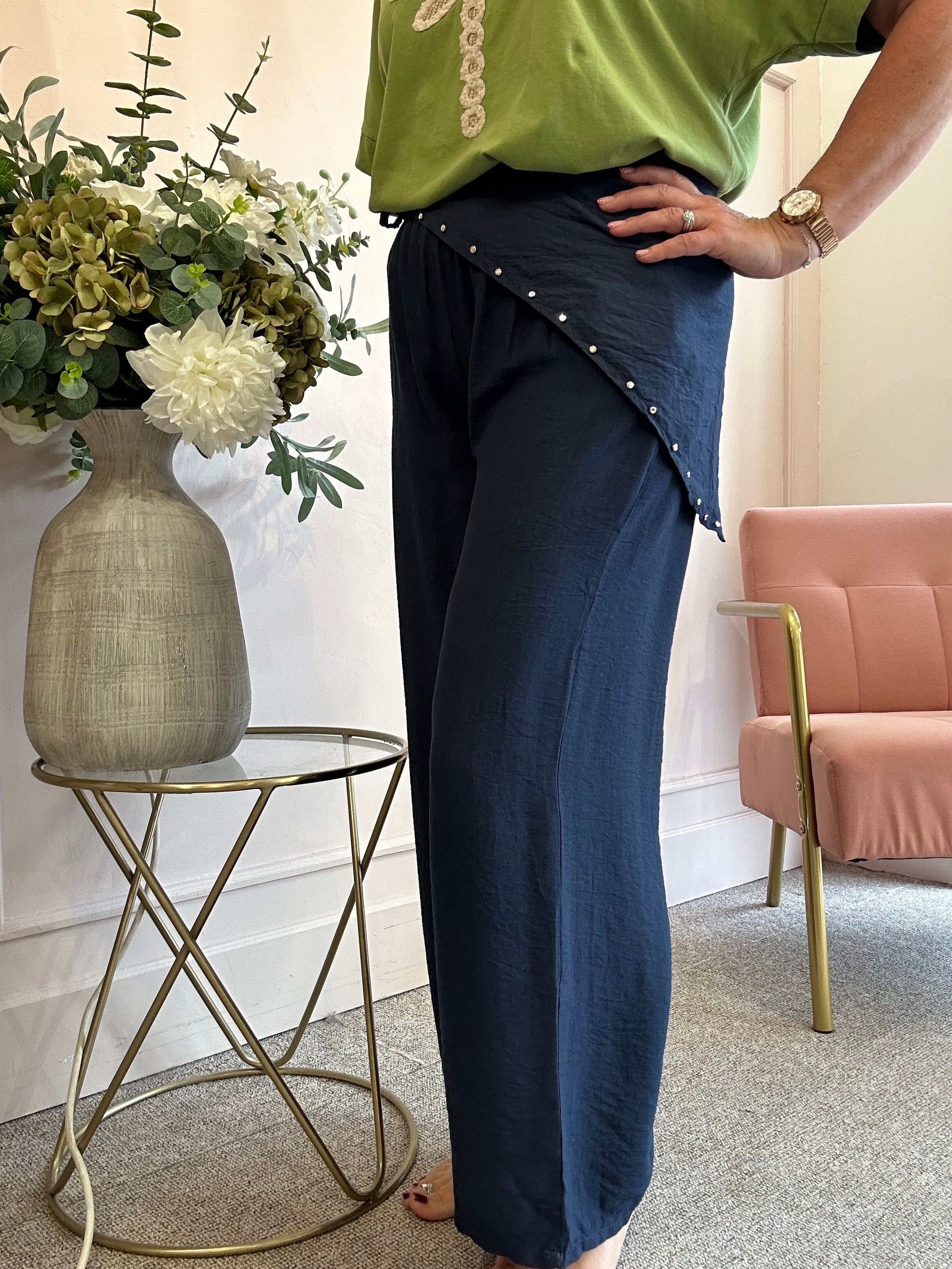 Scarf Tie Wide Pant - Navy