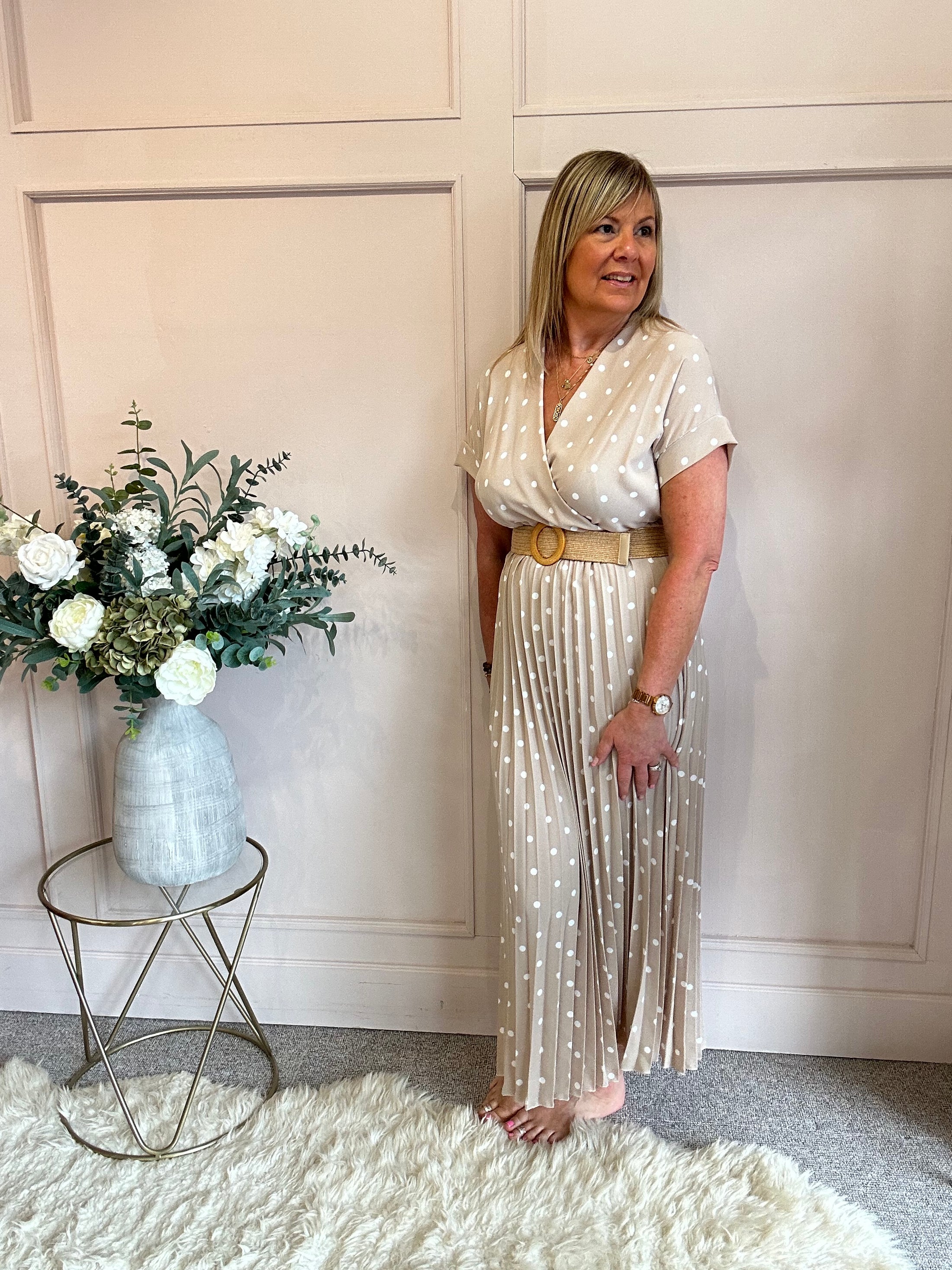 Spotty Pleated Dress- Beige One Size