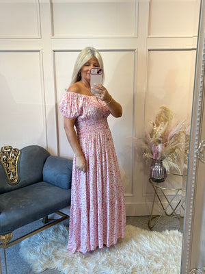 Ditsy Flowers Maxi Dress - Pink/White