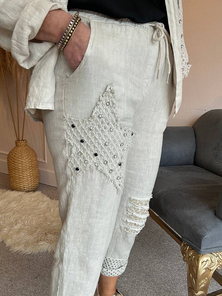 Star Linen Jogger Style Pants - Beige