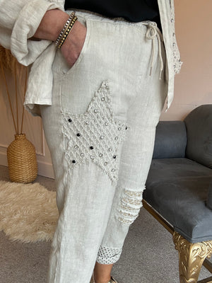 Star Linen Jogger Style Pants - Beige