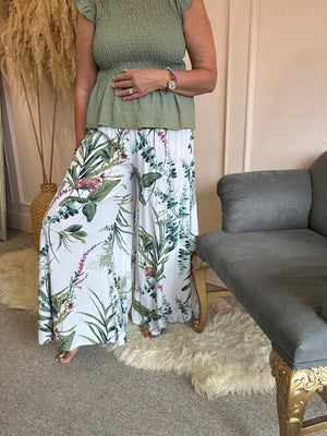 Botanical Flower Wide Leg Pant - White/Green - Wardrobe By Simone