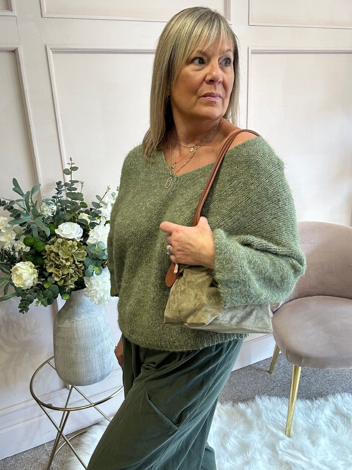V Neck Knit Jumper - Sage Green