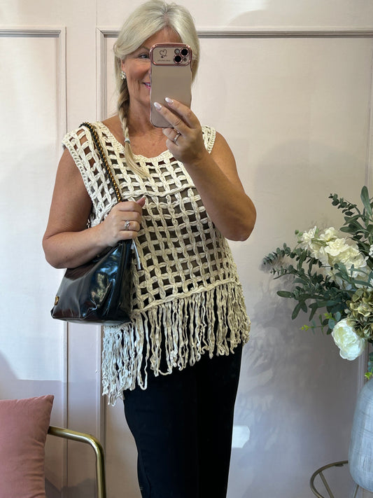Tassel Crochet Sleeveless Top - Beige - Wardrobe By Simone