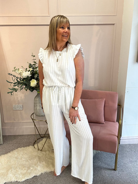 Pinstriped Frill Cap Top & Pant Set - White/Black - Wardrobe By Simone