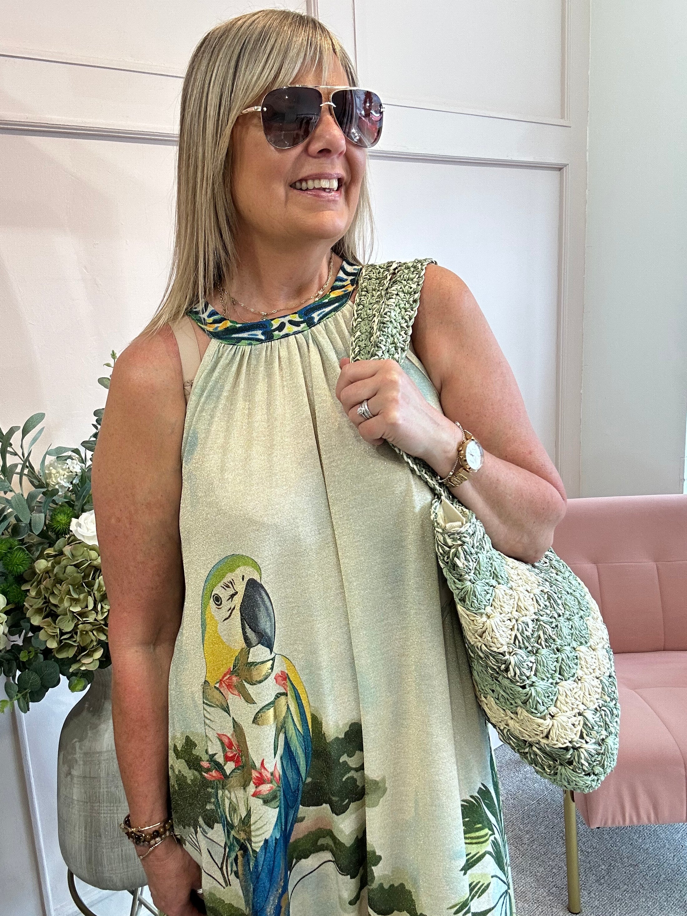 Parrot & Palm Halterneck Dress - Blues/Green