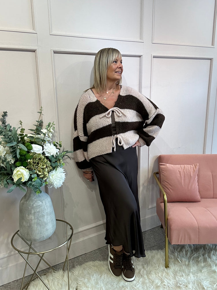 Chunky Striped Knitted Cardigan - Brown/Pink