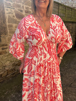 Flower Leaf Mix Maxi Dress - Coral/White