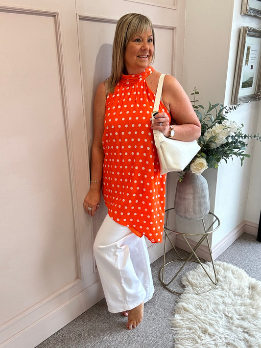 Polka Dot Halter Neck Top - Orange/White - Wardrobe By Simone