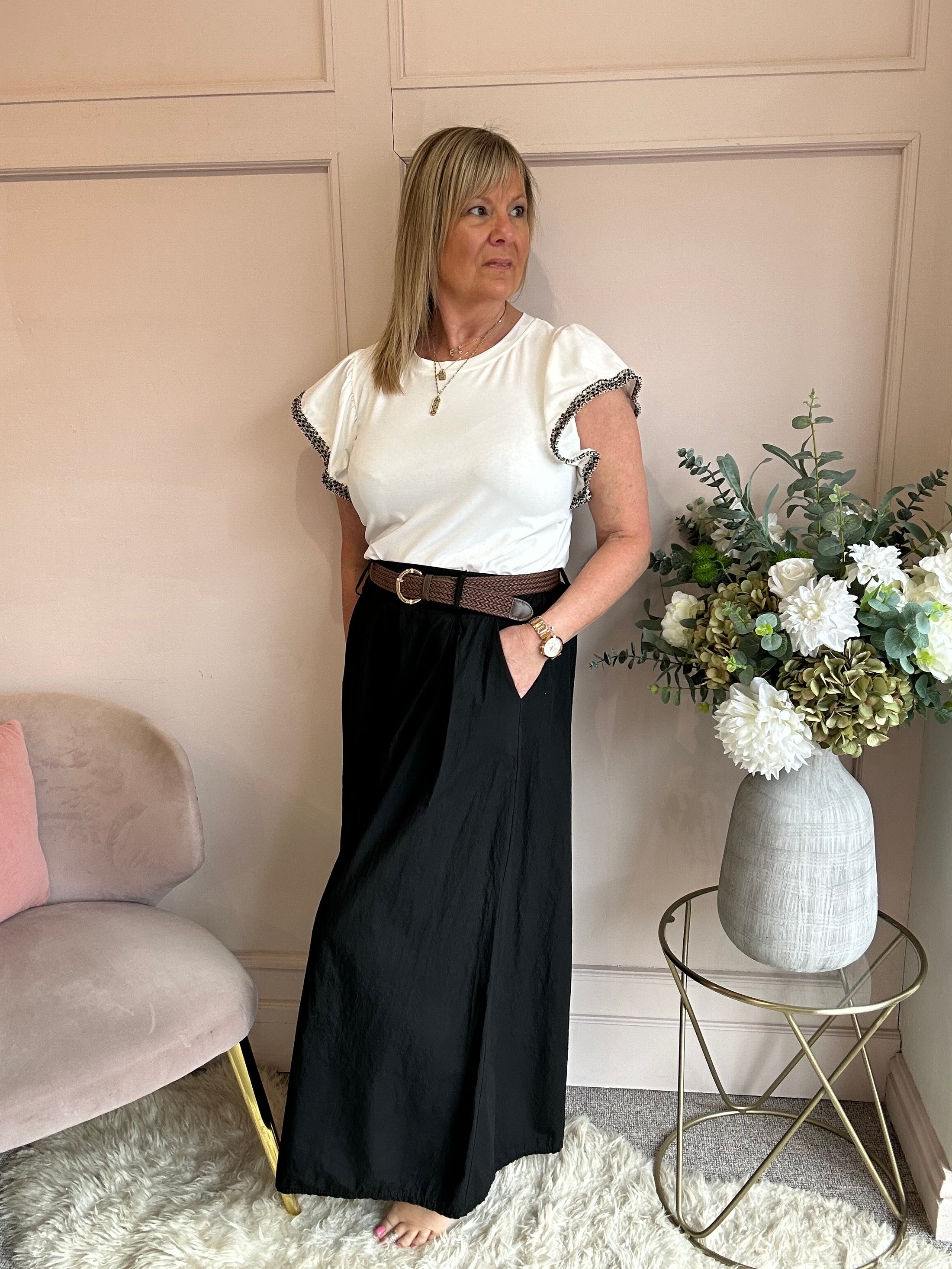 Black Gold Frill Edged T Shirt  - Soft Cream - Wardrobe By Simone