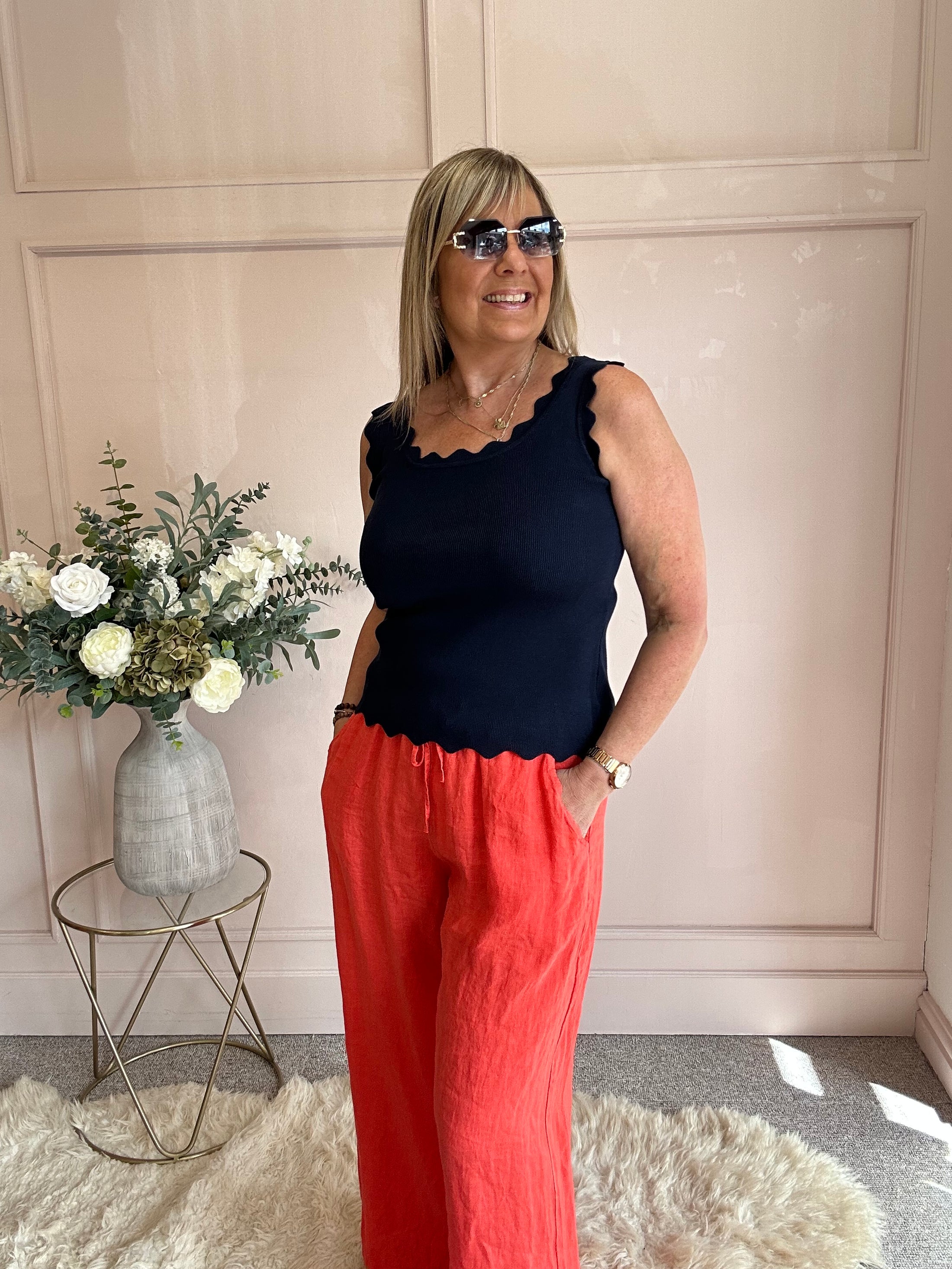 Scalloped Edged Vest Top - Navy - Wardrobe By Simone