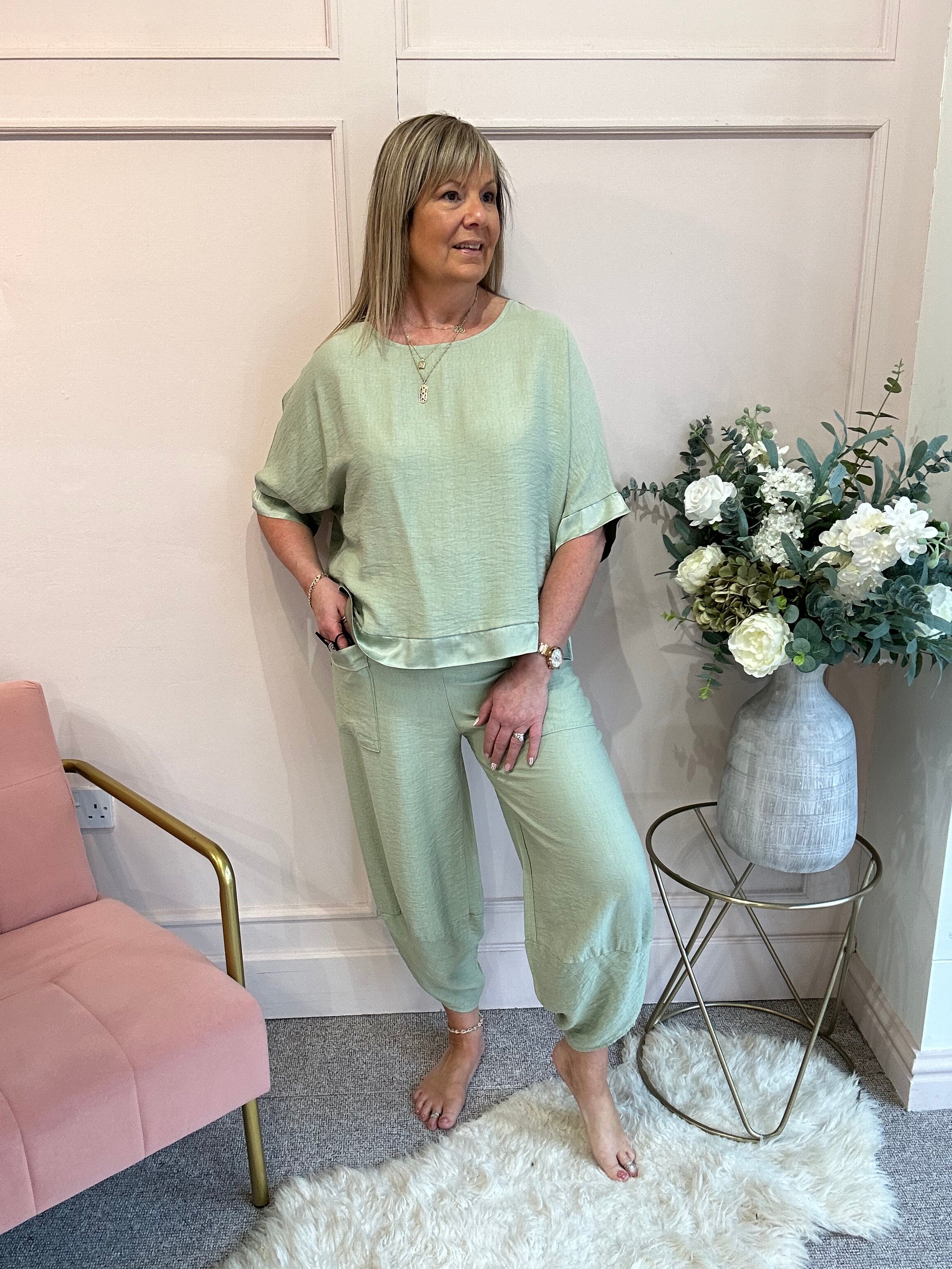 Top & Harem Pant Set - Soft Sage Green - Wardrobe By Simone