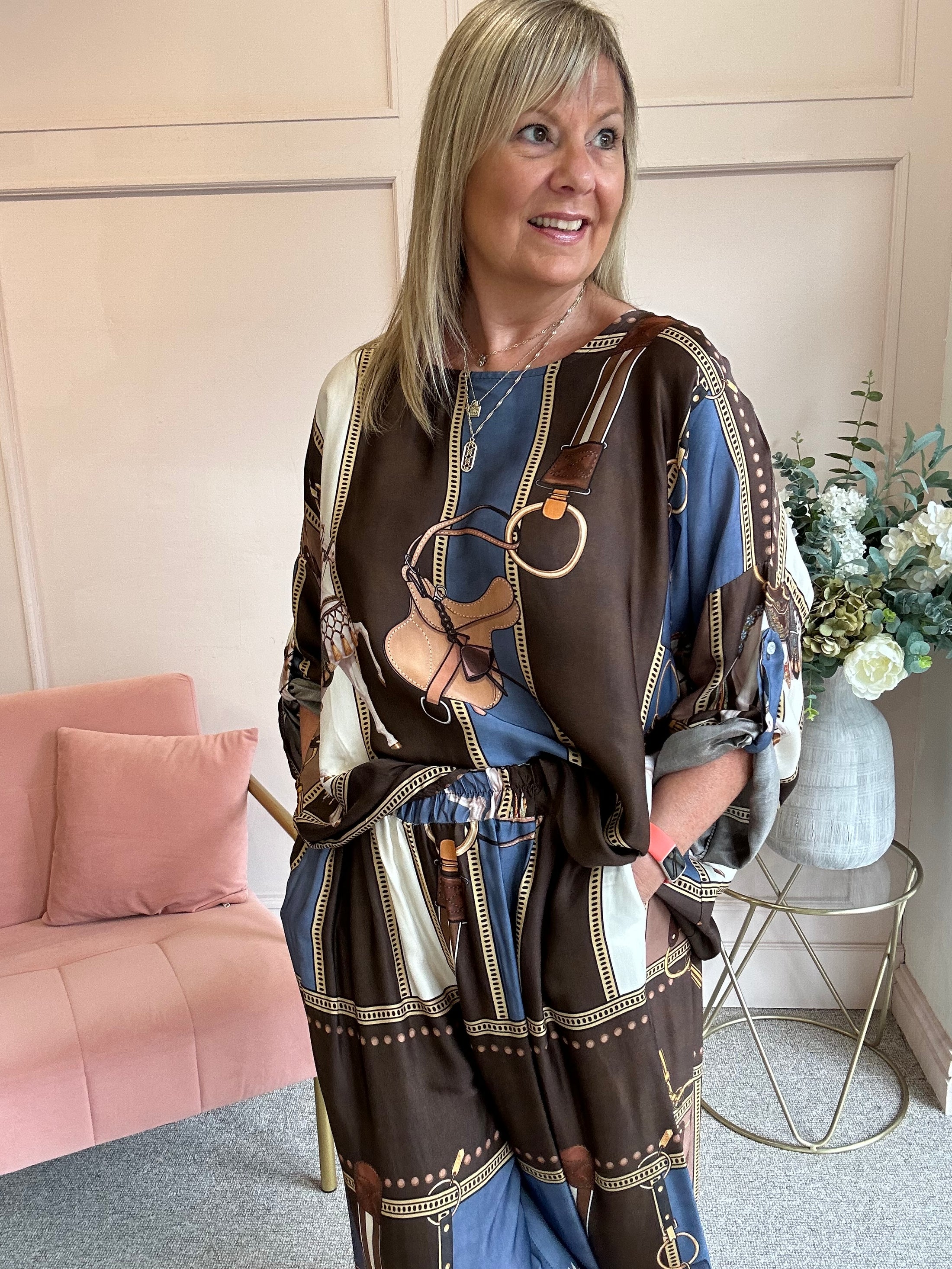 Horse & Bridle Silk Top - Brown/Blue - Wardrobe By Simone