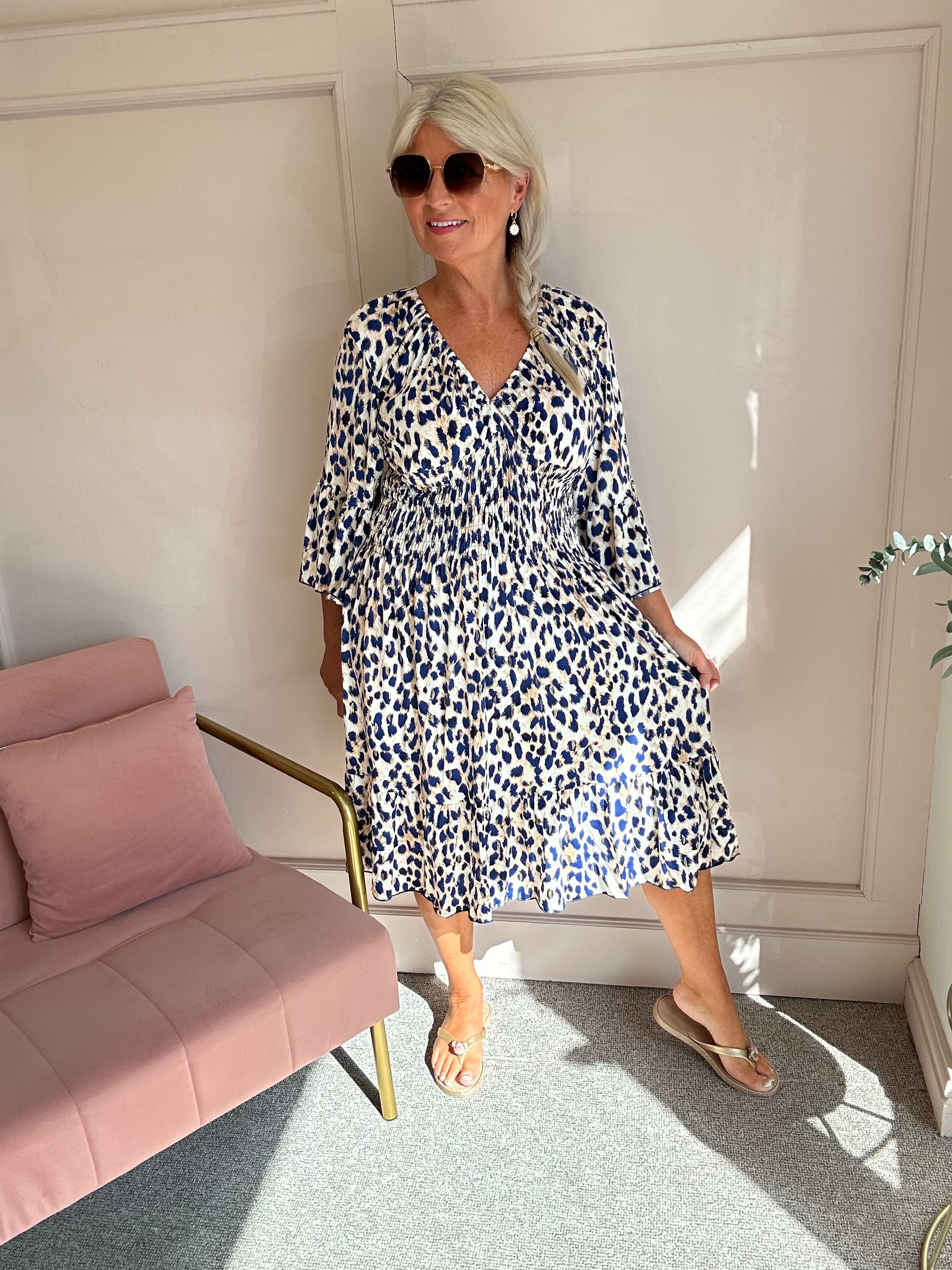 Leopard Mid Dress - Navy/Cream - Wardrobe By Simone