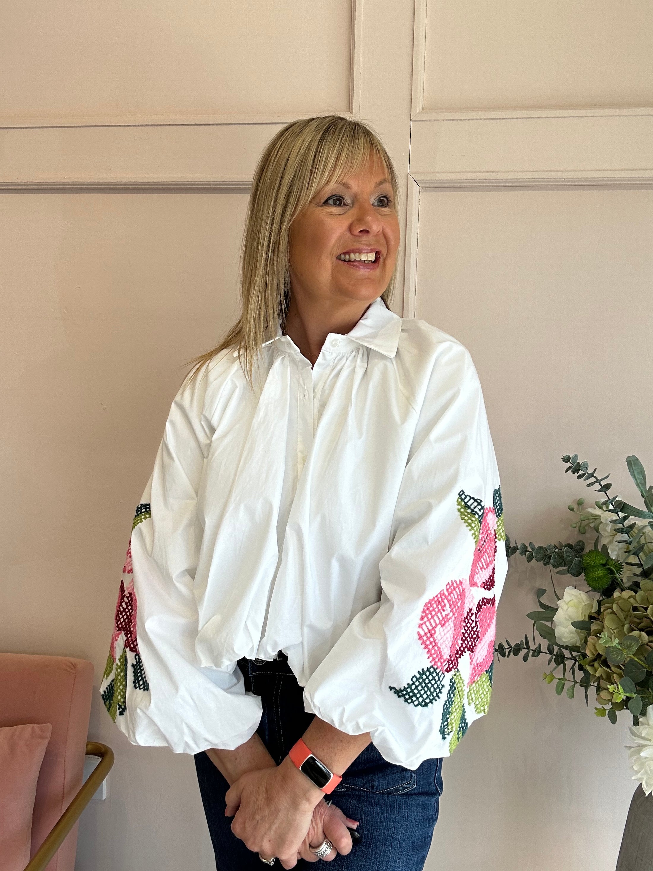 Floral Embroidered Sleeve Shirt - White