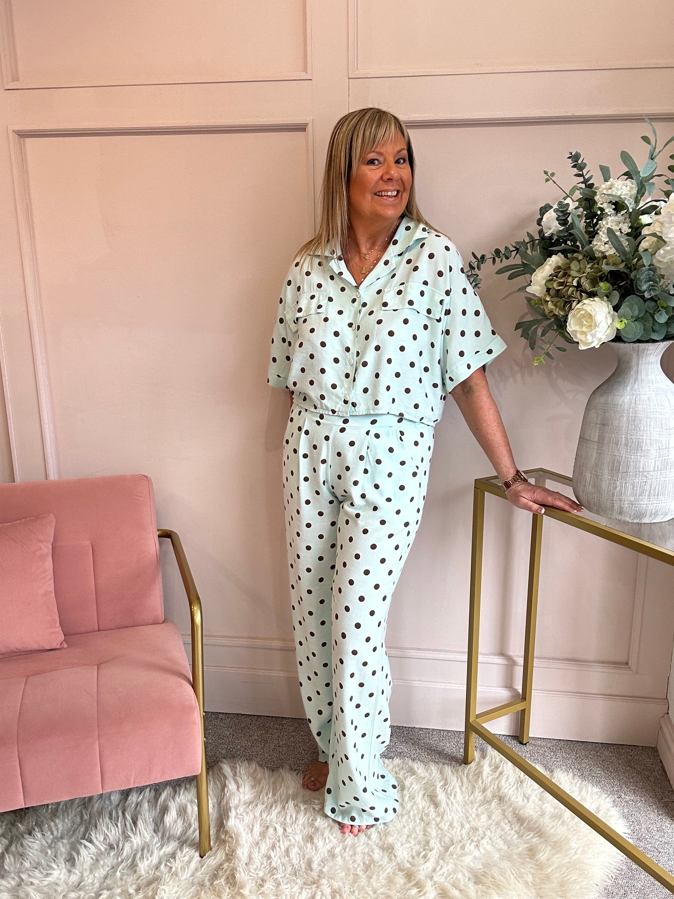 Polka Dot Shirt Pant Set - Mint/Brown - Wardrobe By Simone