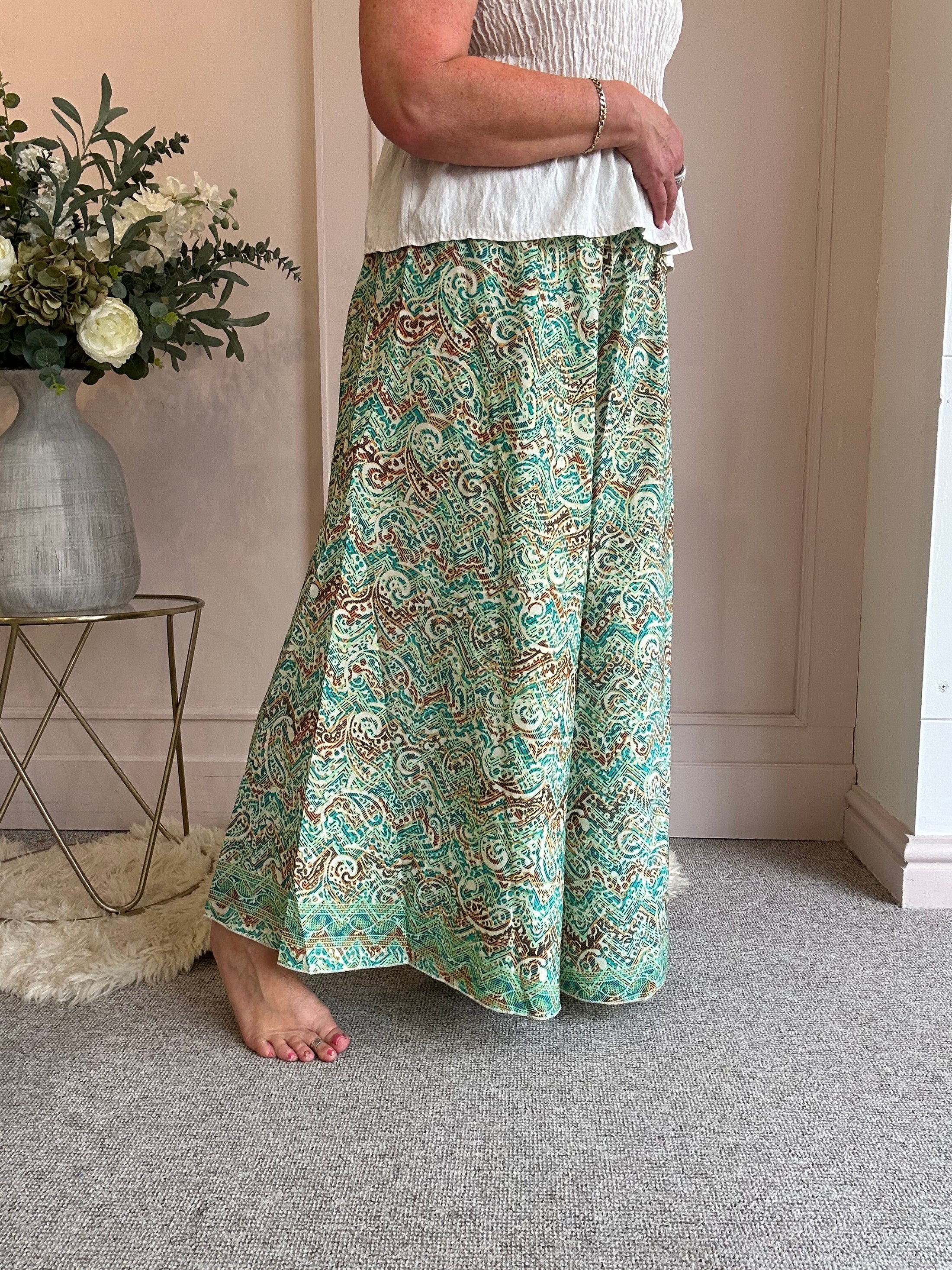 Paisley & Fleck Of Gold Wide Pant - Green - Wardrobe By Simone