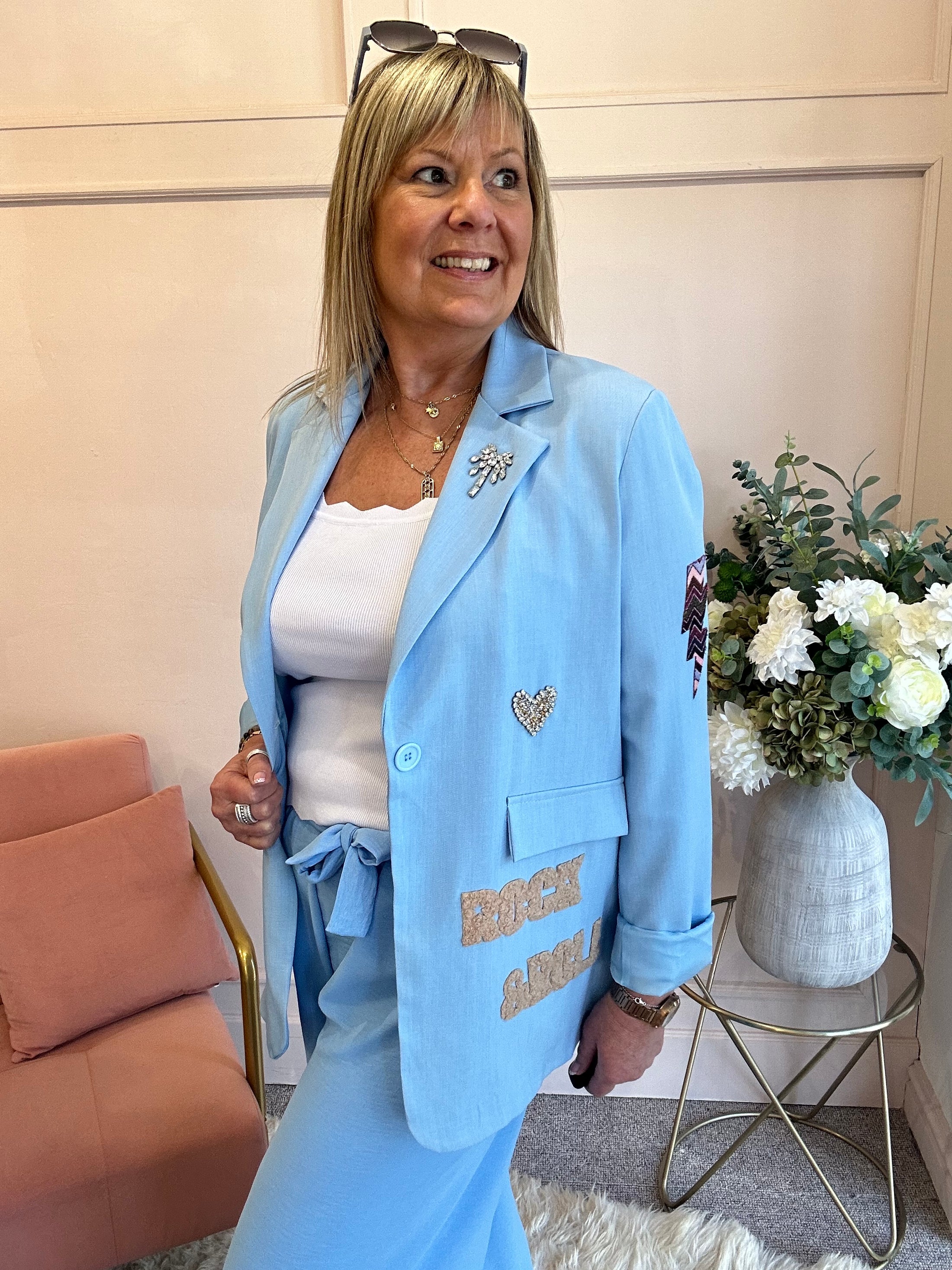Rock & Roll Oversized Blazer Jacket - Cornflower Blue - Wardrobe By Simone