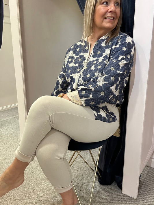 Two Piece Lounge Set - Cream/Indigo