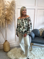 Floral Bloom Ruffle Neck Top - Khaki/Cream - Wardrobe By Simone