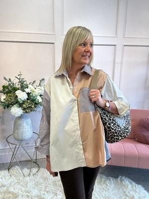 Striped & Panelled Oversized Shirt - Brown/White - Wardrobe By Simone