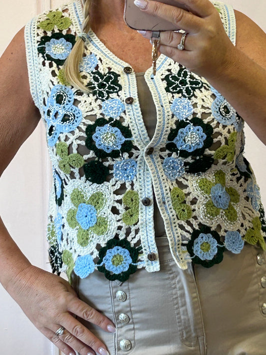 Crochet Little Waistcoat - Cream/Blue - Wardrobe By Simone