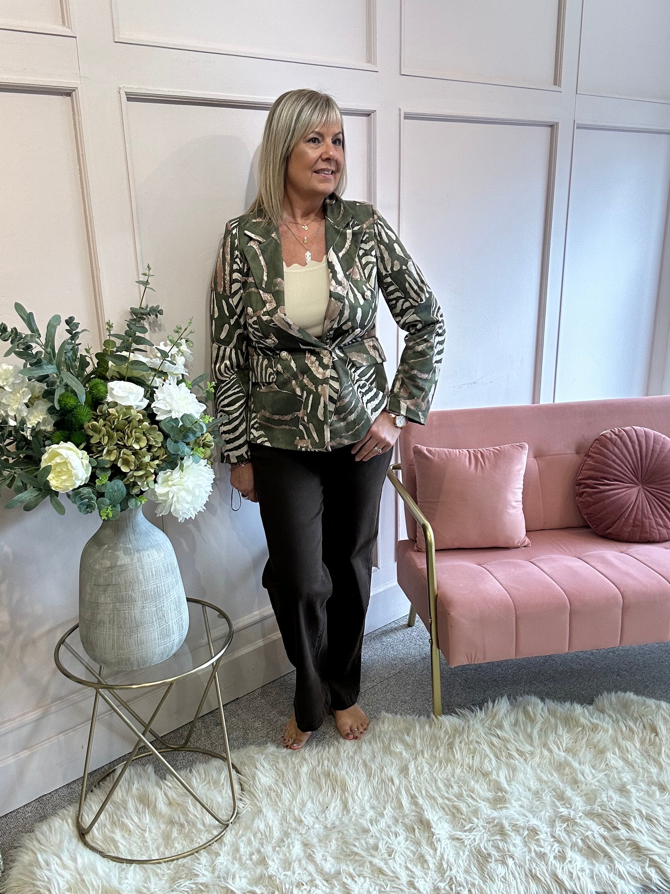 Leafy Double Breasted Jacket - Khaki/Cream