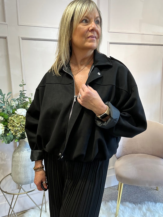 Suedette Zipped Jacket - Black - Wardrobe By Simone