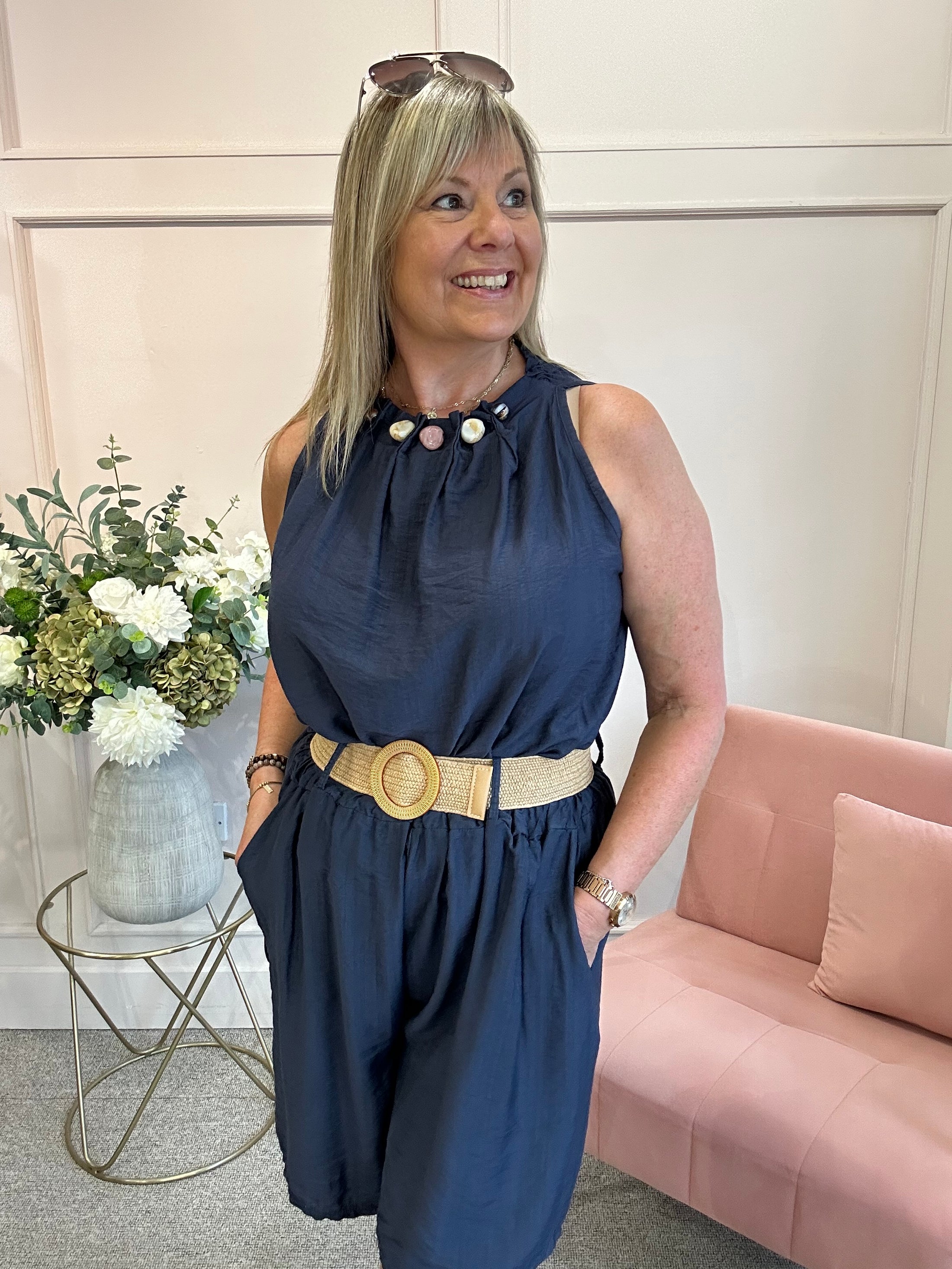 Ruched Neckline Sleeveless Top - Navy