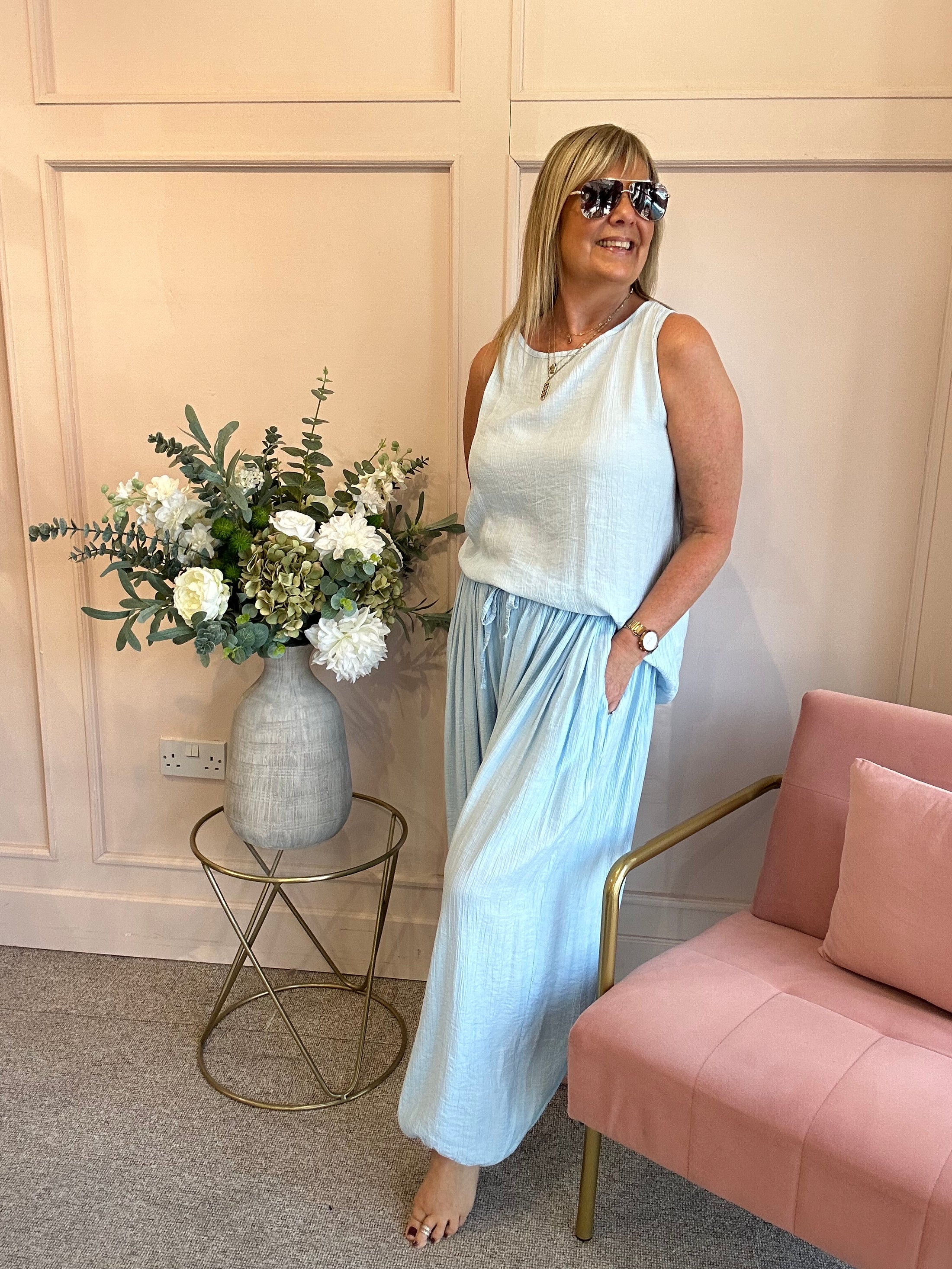 Crinkle Asymmetric Vest Top - Pale Blue