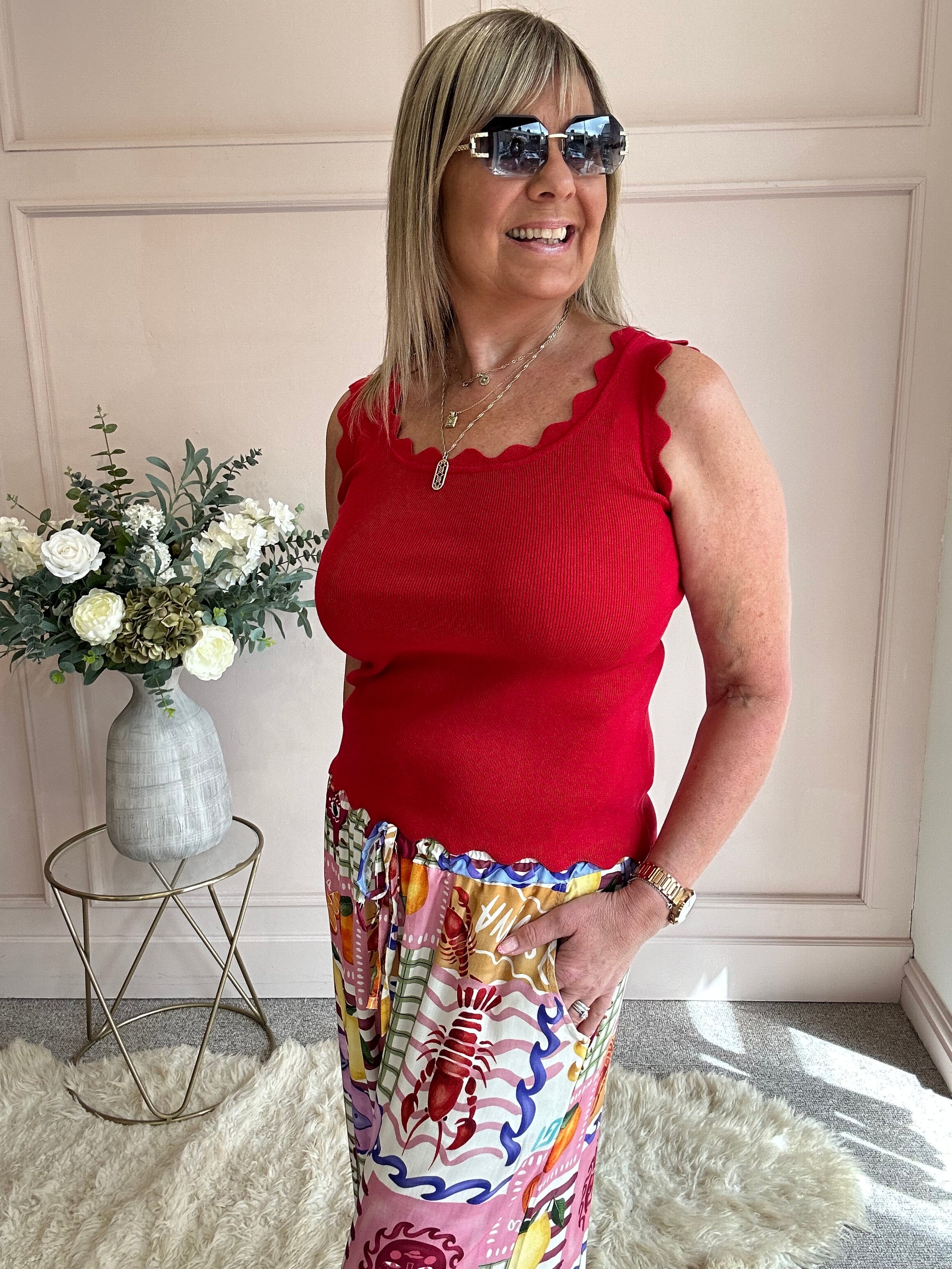 Scalloped Edged Vest Top - Red - Wardrobe By Simone