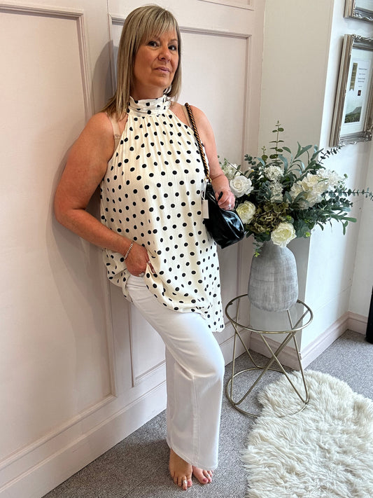 Polka Dot Halter Neck Top - Cream/Black - Wardrobe By Simone