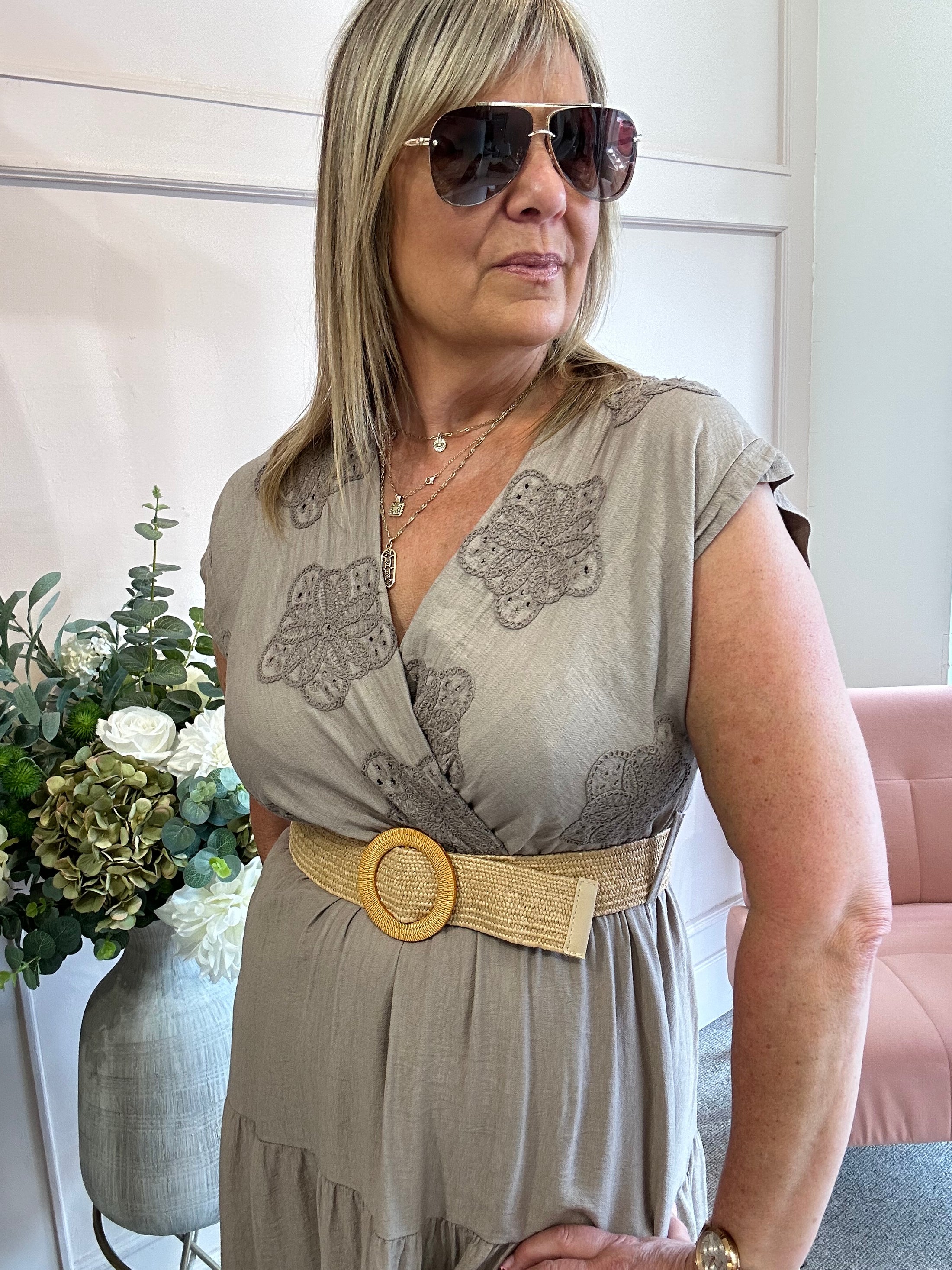 Flower Detail Belted Midi Dress - Latte