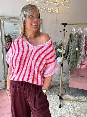 Gold Button Stipe Jumper - Pink/Red