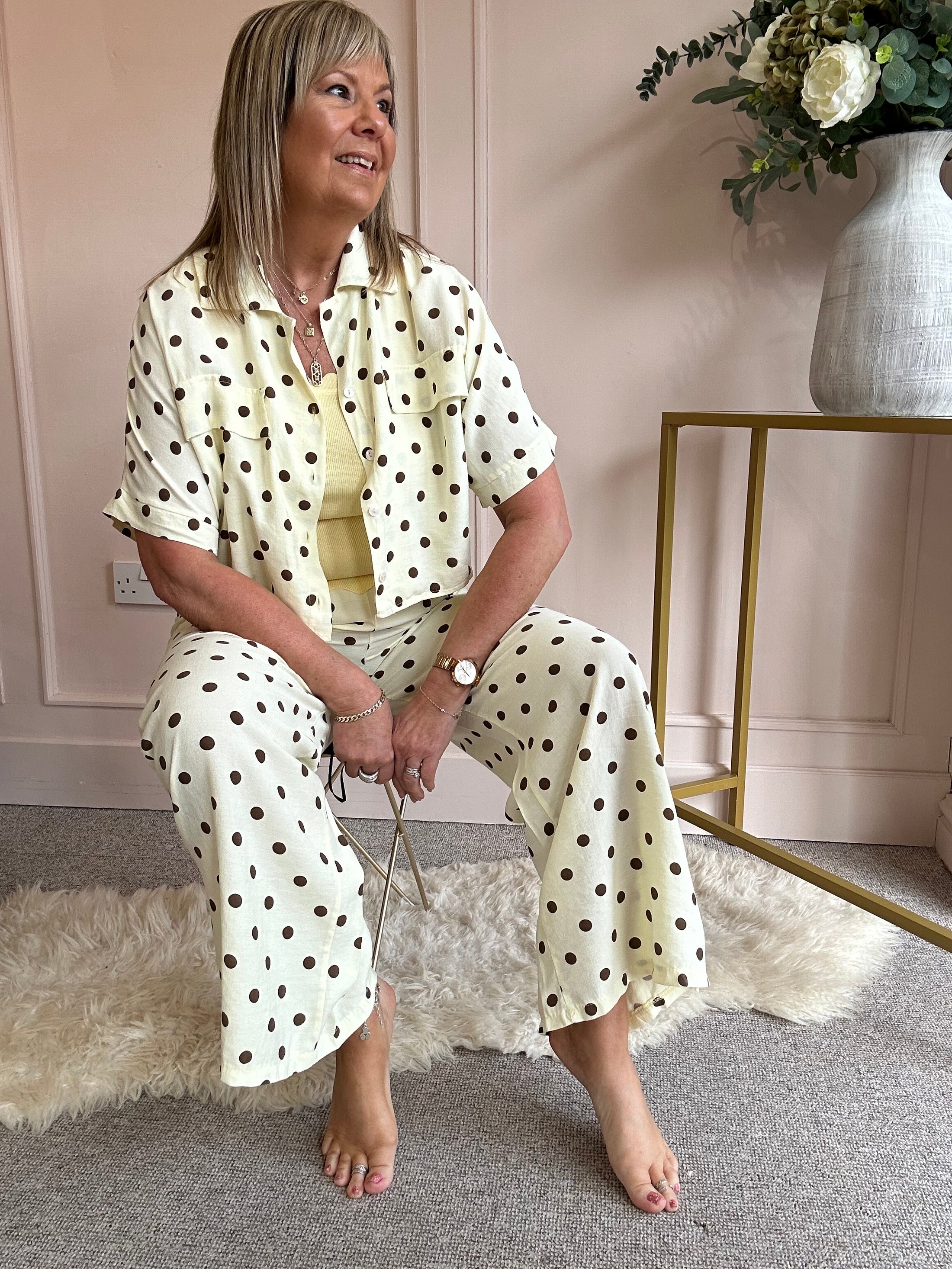 Polka Dot Shirt Pant  Set - Lemon/Brown - Wardrobe By Simone
