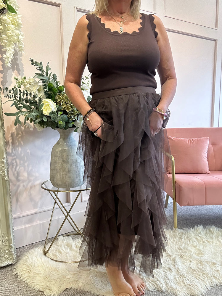 Pretty Tulle Net Tiered Skirt - Brown