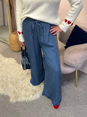Blue Wide Leopard Stripe Side Jeans- Blue - Wardrobe By Simone
