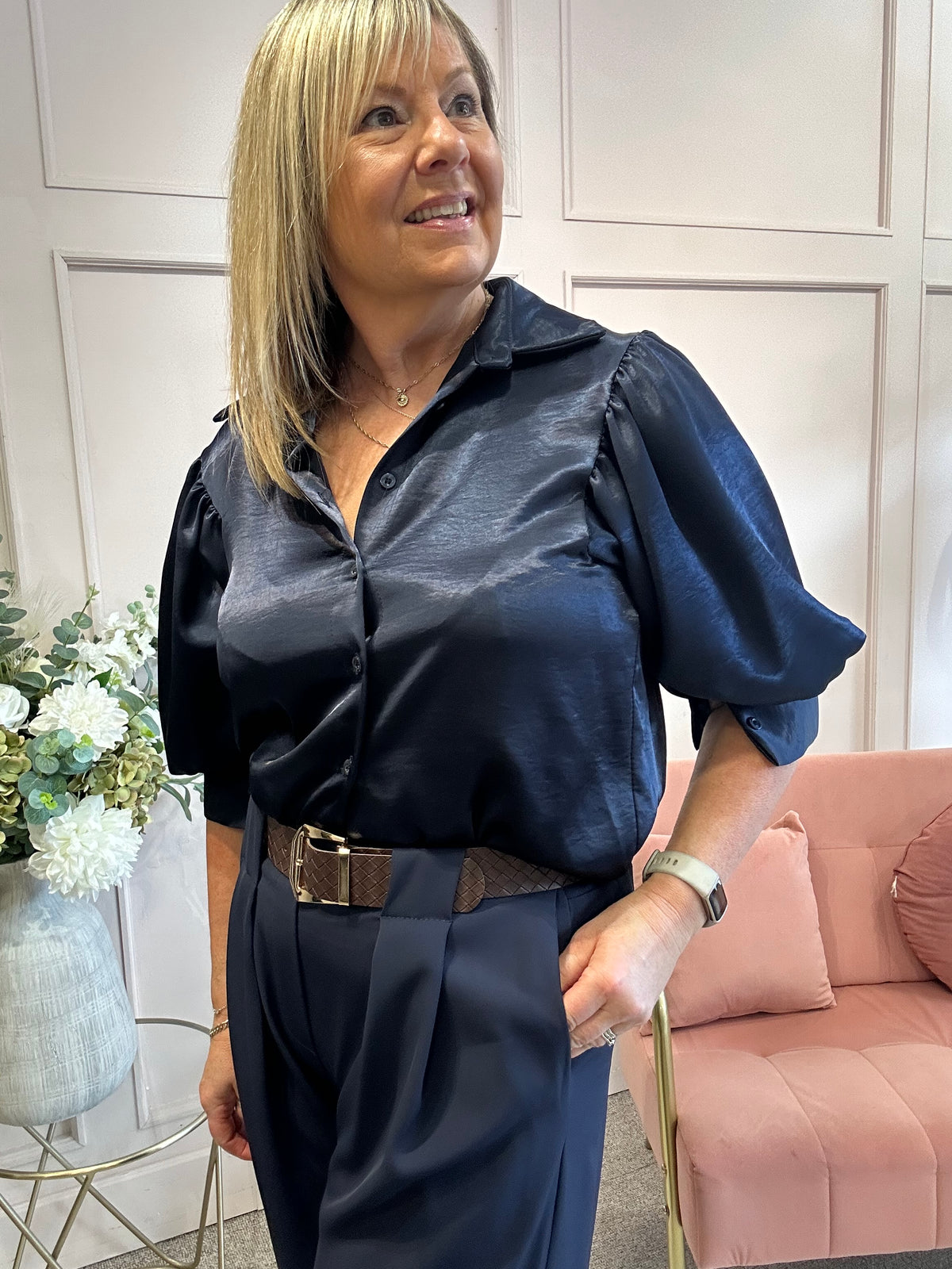 Satin Puff Sleeve Shirt - Navy
