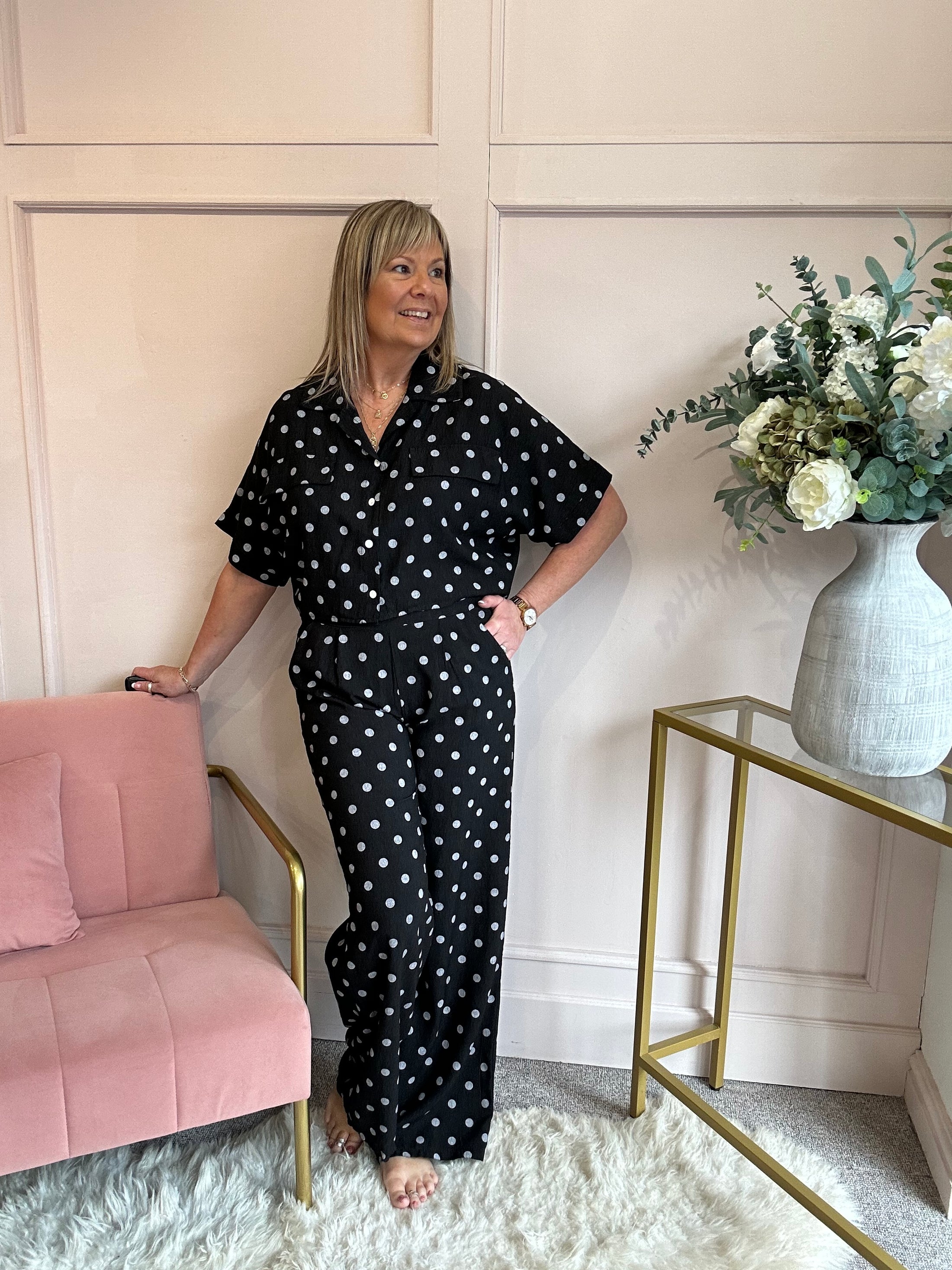 Polka Dot Shirt Pant Set - Black/Grey - Wardrobe By Simone