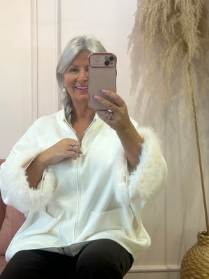 Fluff Detail  Zipped Cardi/Jacket - Cream