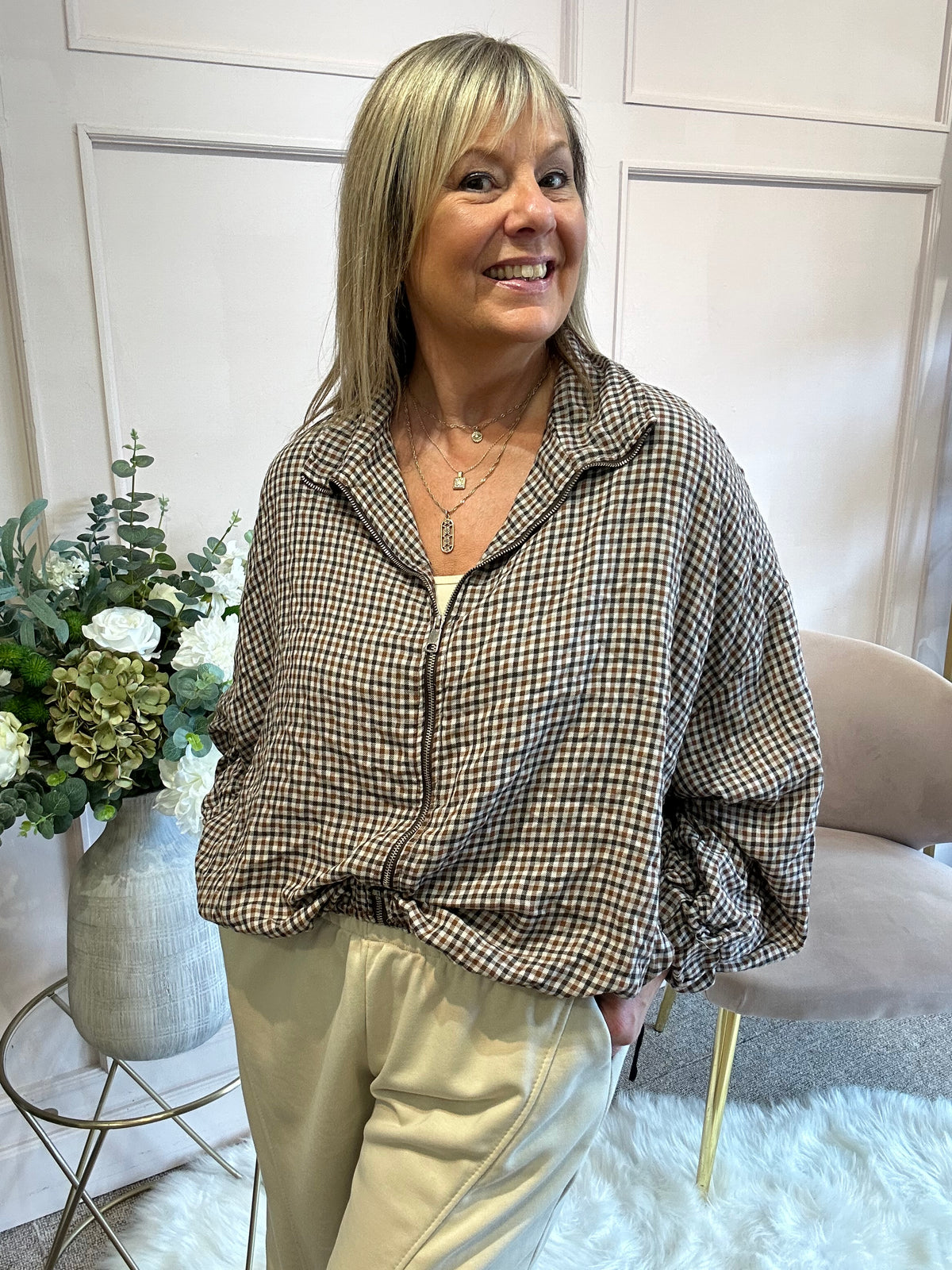 Checked Zip Jacket - Brown/Tan - Wardrobe By Simone