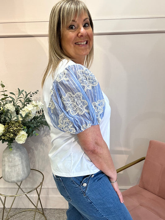 Striped Puff Sleeve T-Shirt - White - Wardrobe By Simone