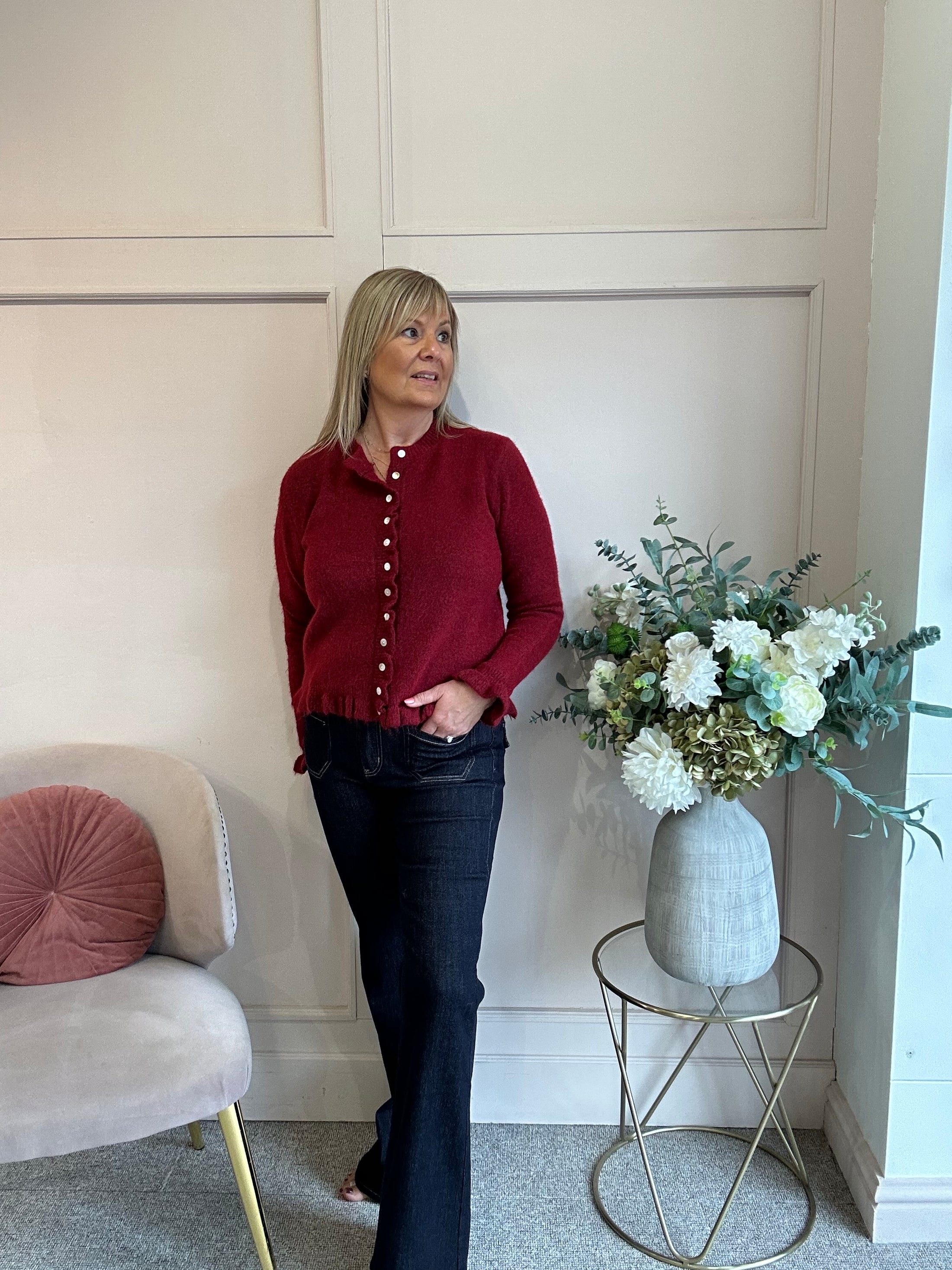 Frill Edge Cardigan - Burgundy