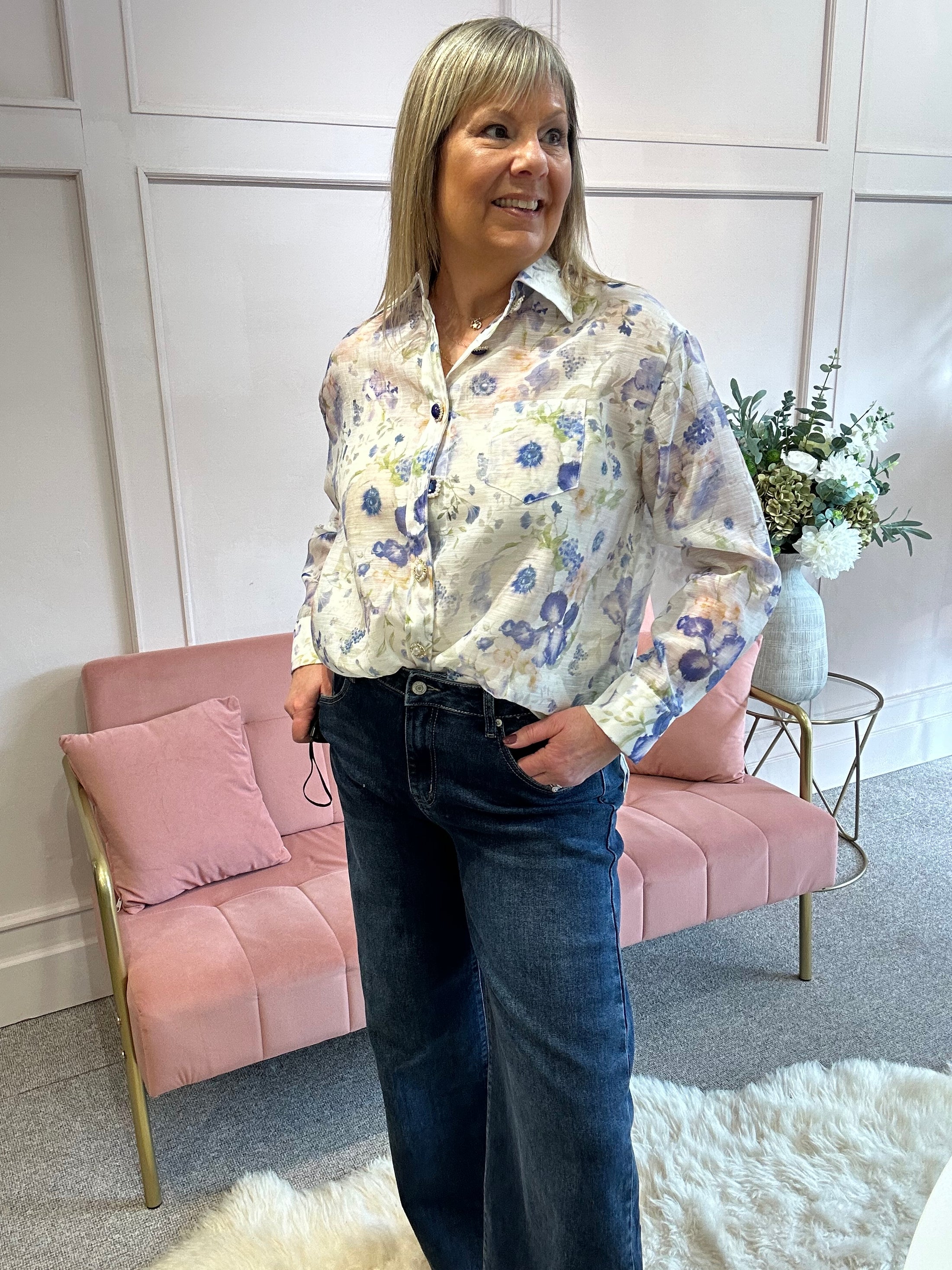 Pearl Button Embroidered Shirt  - Blue/Cream - Wardrobe By Simone