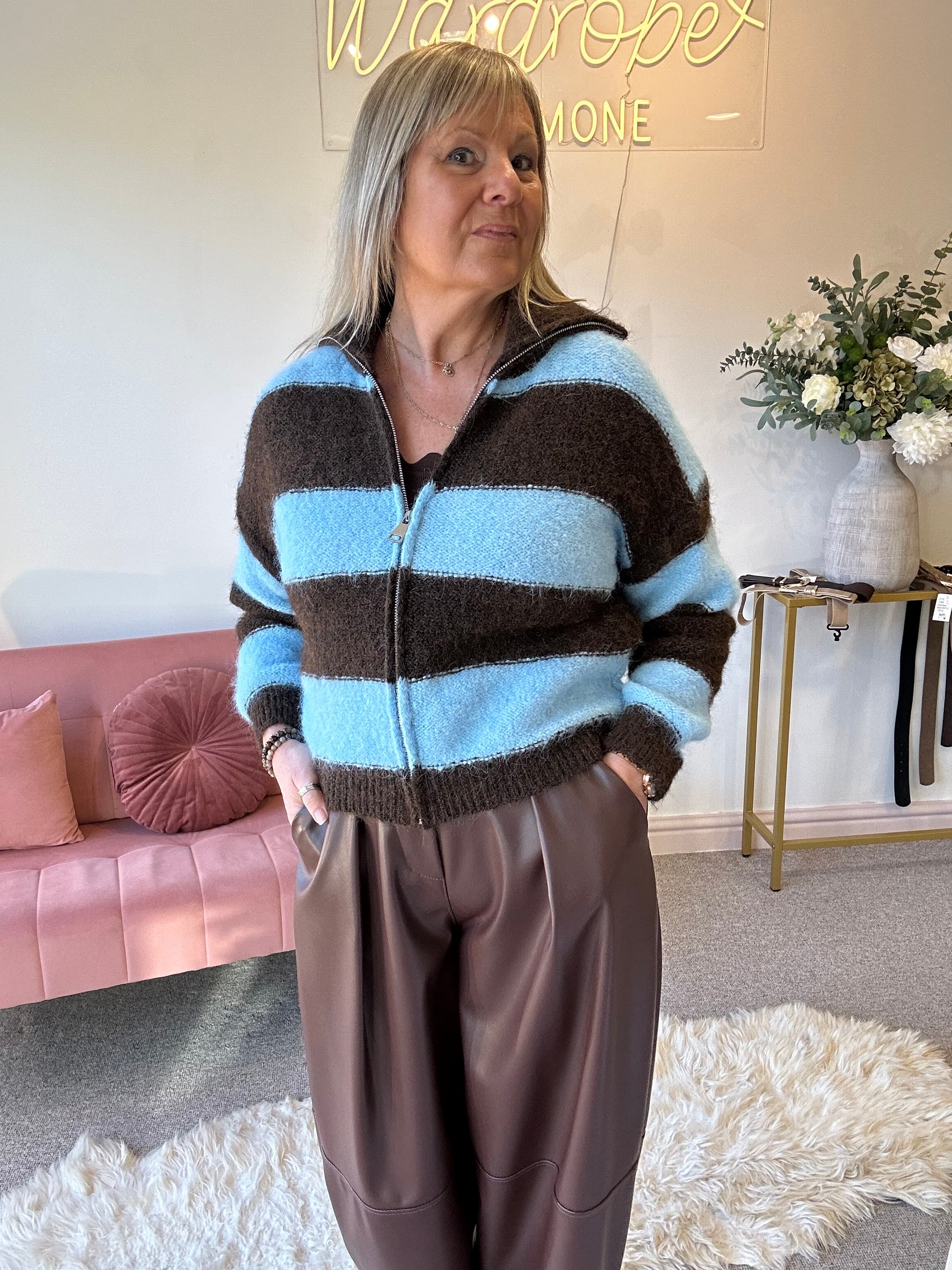 Bold Striped Zipped Up Cardigan -  Blue/Brown