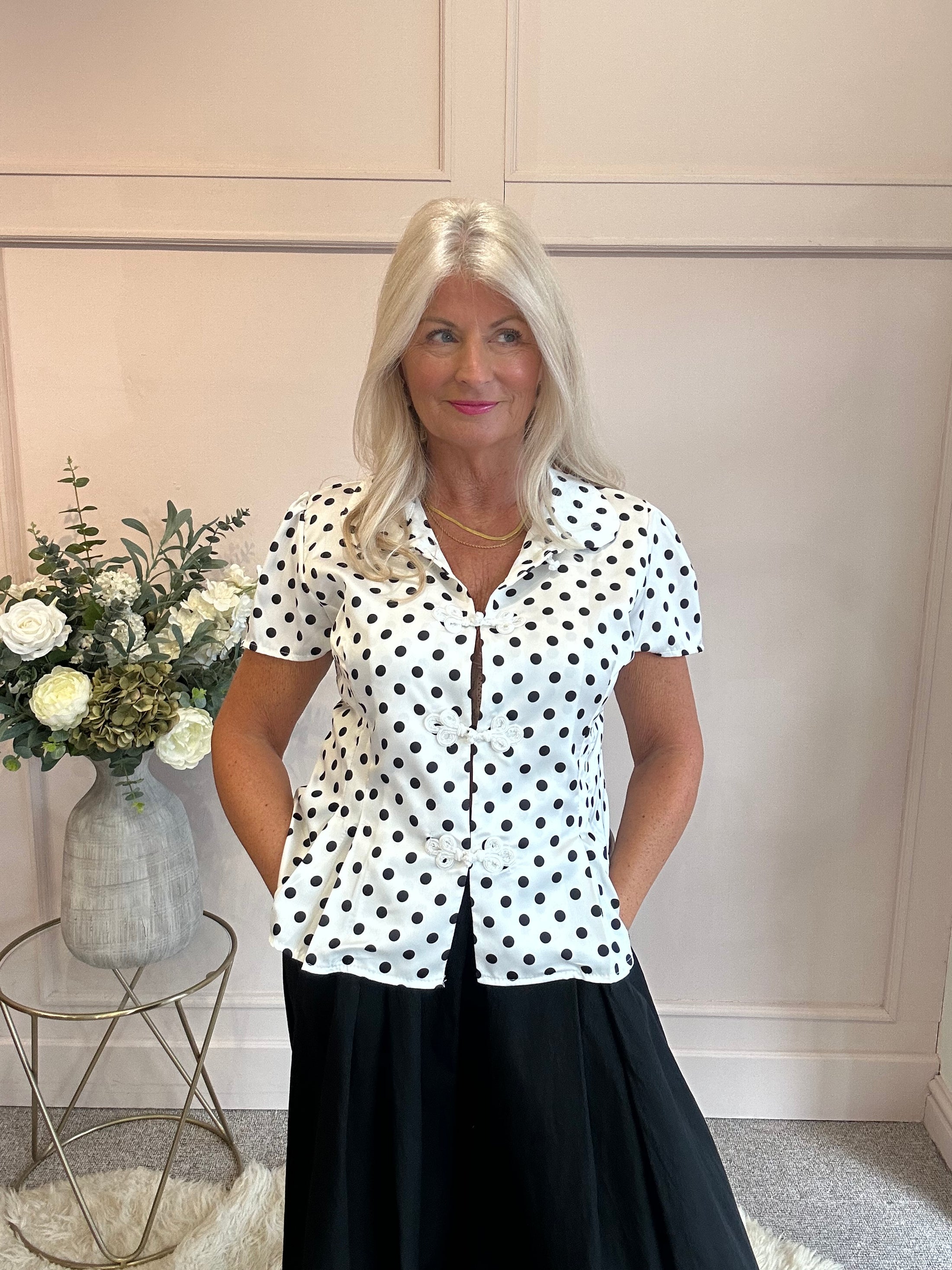 Spotty Collared Shirt Blouse - White/Black - Wardrobe By Simone