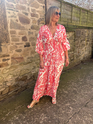 Flower Leaf Mix Maxi Dress - Coral/White