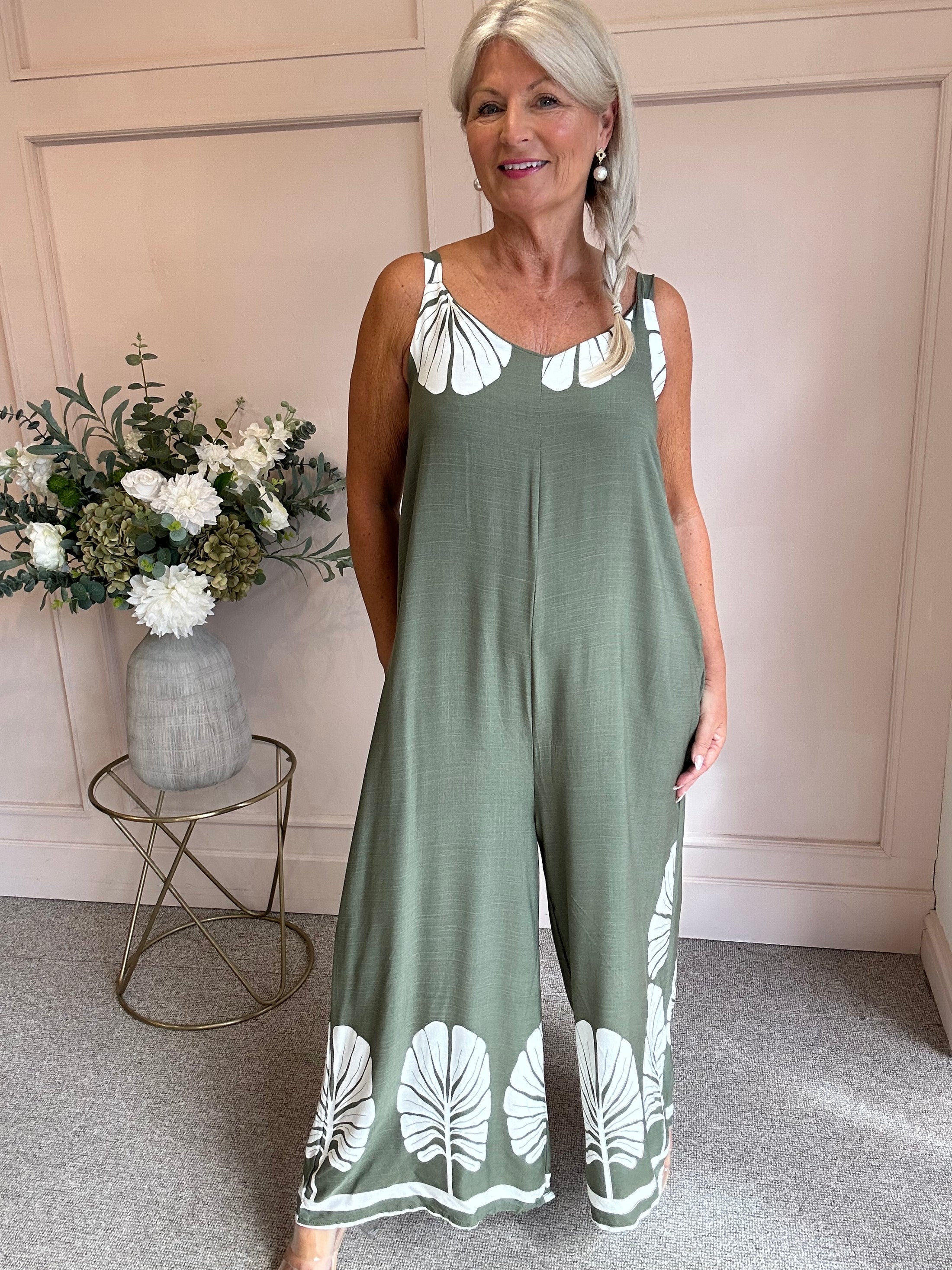 Palm Leaf Jumpsuit - Khaki/Cream - Wardrobe By Simone