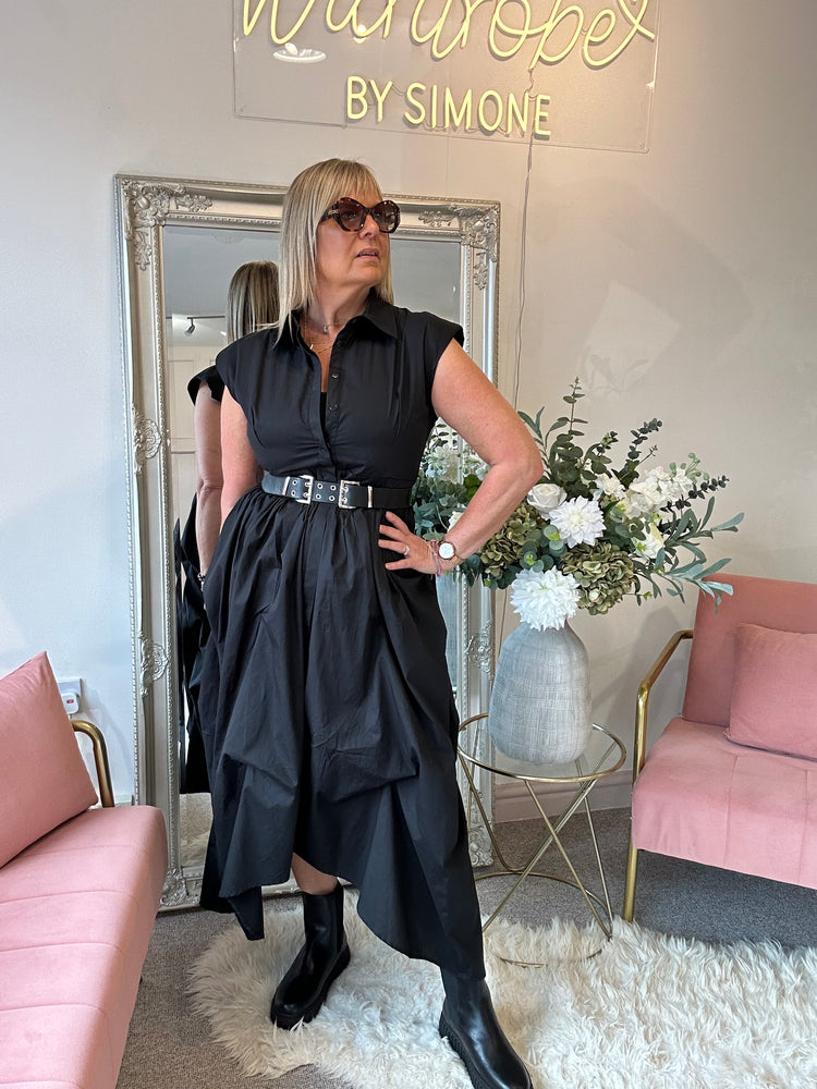 Quirky Belted Ruched Skirt Dress - Black